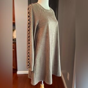 The Impeccable Pig Faux Suede Tan Long Sleeve Mobwife Criss Cross Sleeve Dress